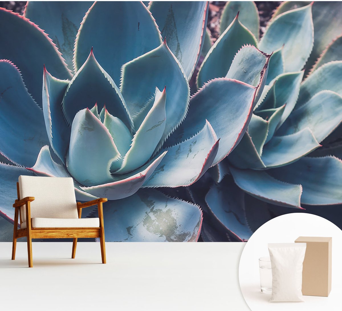 Wallfluent Fotobehang - Blauw Vliesbehang - 312x219 cm - Groene Aloë Muurschildering - Slaapkamer behang Bloemen En Planten - Fotobehang Vlies - Slaapkamer behang