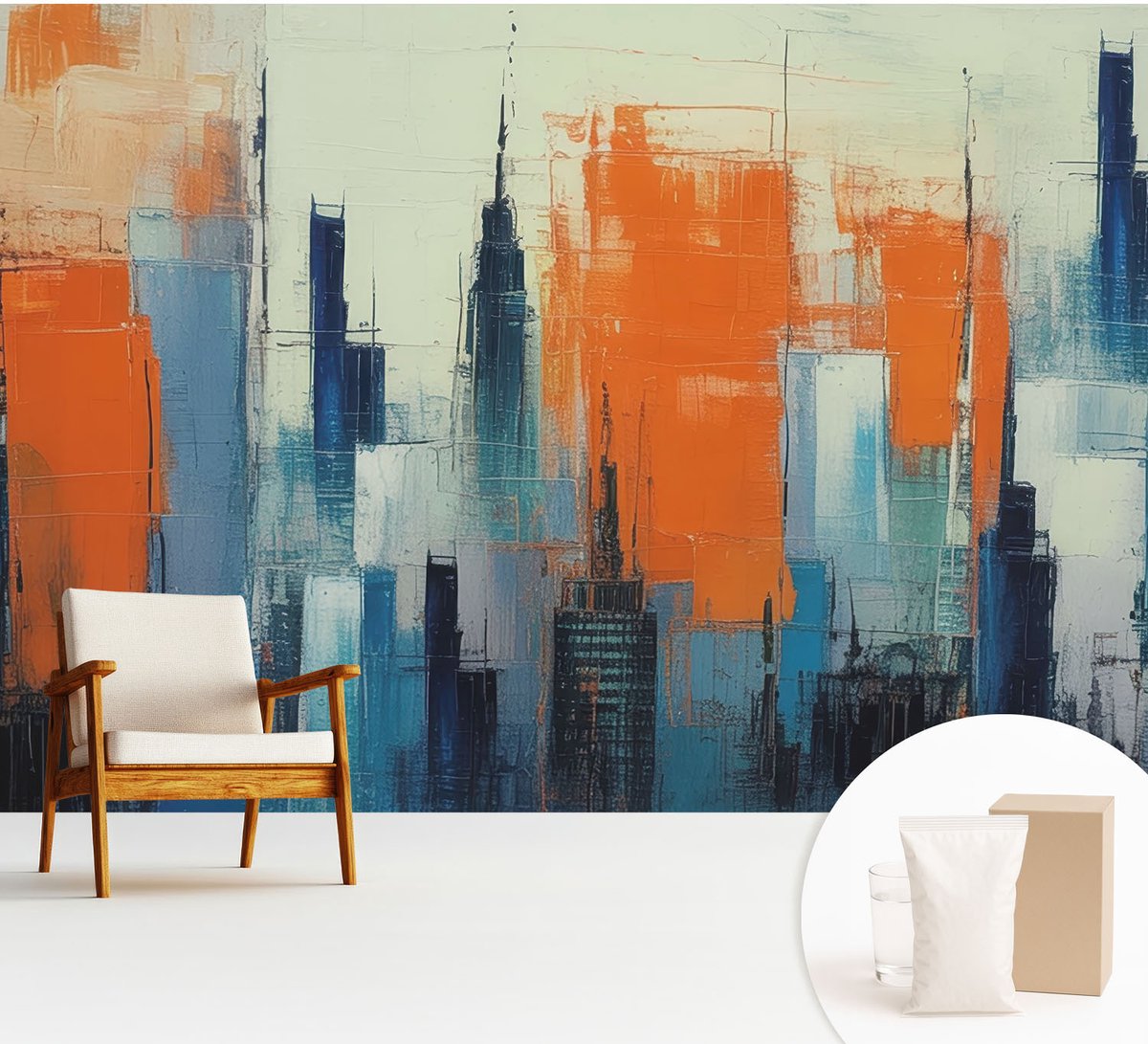 Wallfluent Fotobehang - Oranje Vliesbehang - 312x219 cm - Abstracte Stad Muurschildering - Gang behang Architectuur - Fotobehang Vlies - Slaapkamer behang