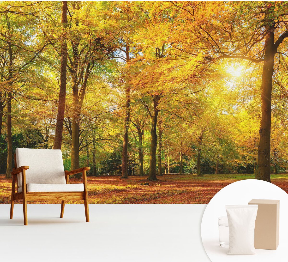 Wallfluent Fotobehang - Geel Vliesbehang - 312x219 cm - Gouden Bladeren Fotobehang Vlies - Hal behang Landschappen - Muurschildering - Hal behang