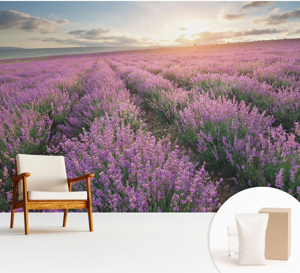 Wallfluent Fotobehang - Paars Vliesbehang - 312x219 cm - Lavendelvelden Fotobehang Vlies - Hal behang Landschappen - Muurschildering - Hal behang