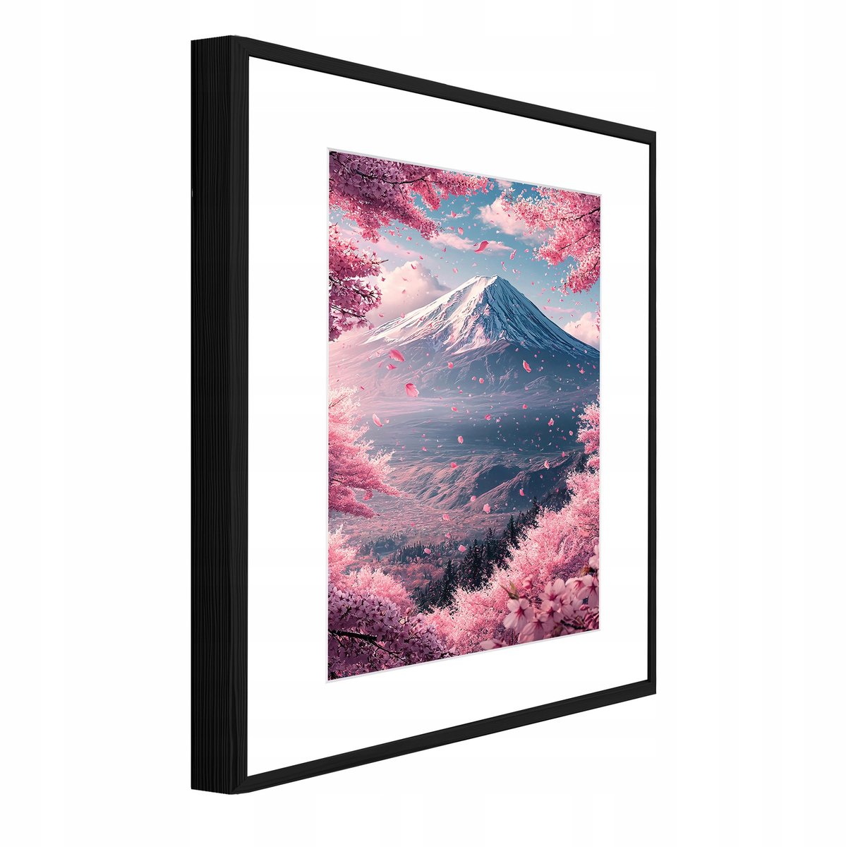 WALLARENA Schilderij met reliëf en passe-partout 120x80 cm - zwarte lijst - bergen met kersenbloesem - wanddecoratie voor woonkamer en slaapkamer Roze