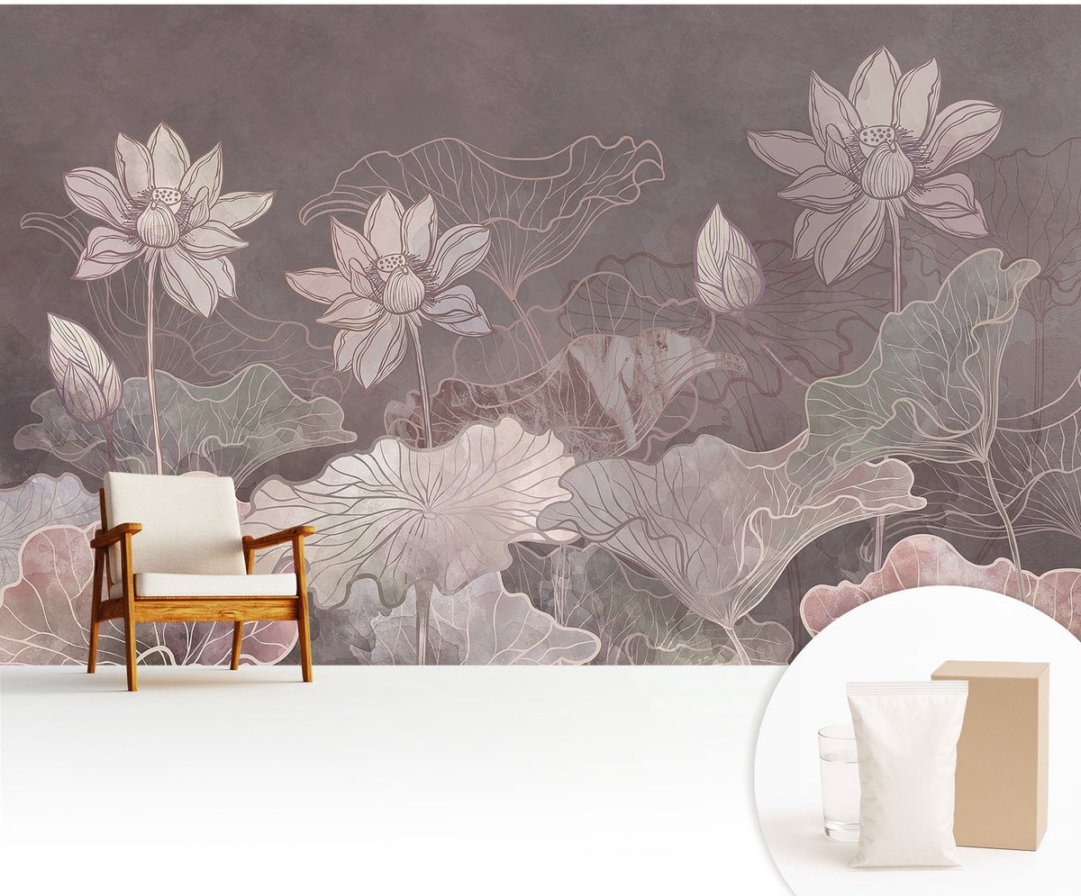 Wallfluent Fotobehang - Bruin Vliesbehang - 416x254 cm - Vreedzame Plantkunde Fotobehang Vlies - Hal behang Bloemen En Planten - Muurschildering - Hal behang