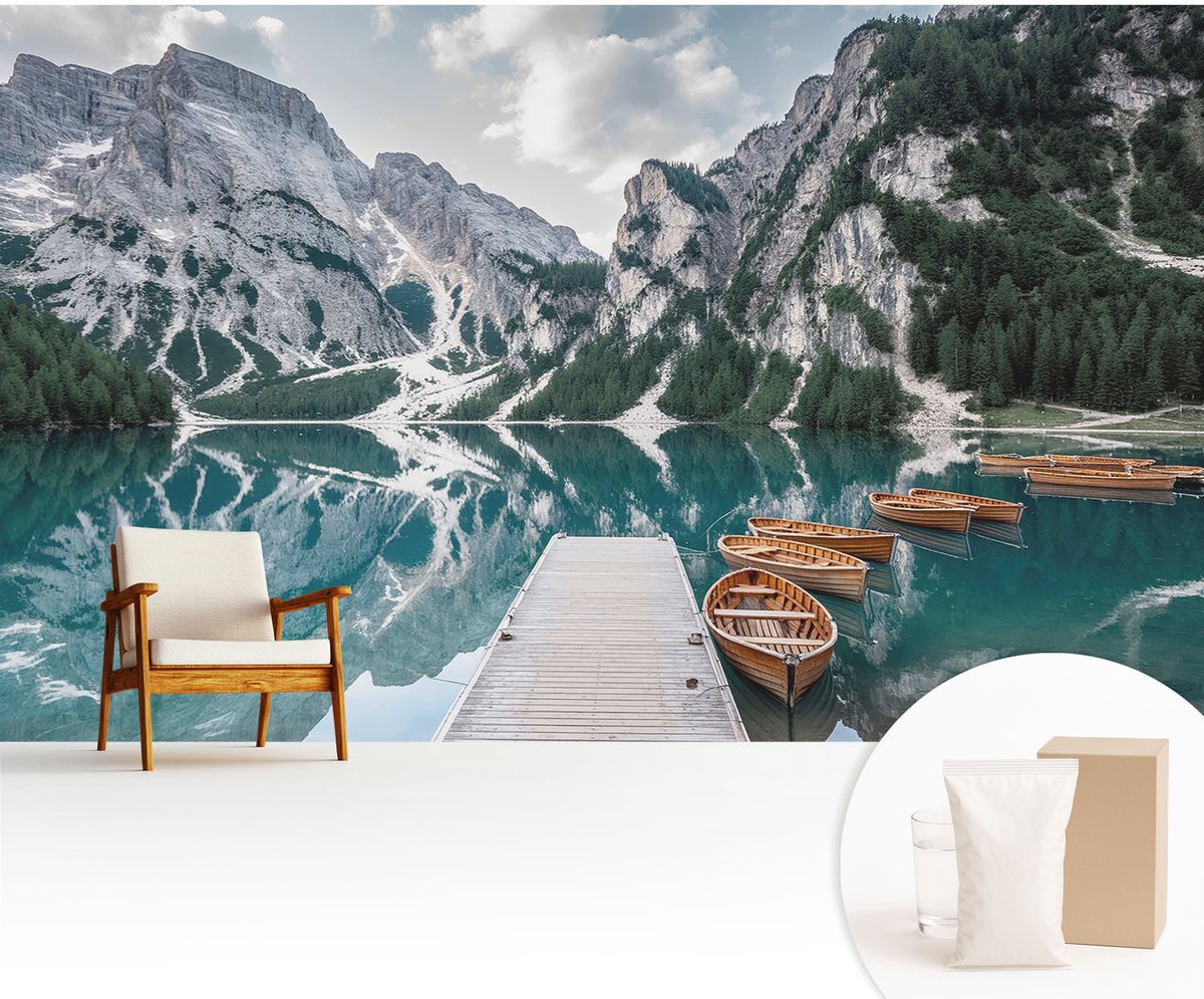 Wallfluent Fotobehang - Wit Vliesbehang - 416x254 cm - Bergpanorama Muurschildering - Slaapkamer behang Landschappen - Fotobehang Vlies - Gang behang