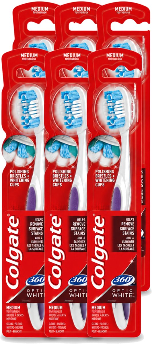 6 x Colgate - Tandenborstel - 360 Optic White Medium- Wit - 1 Tandenborstel - Voordeelverpakking - 6 stuks
