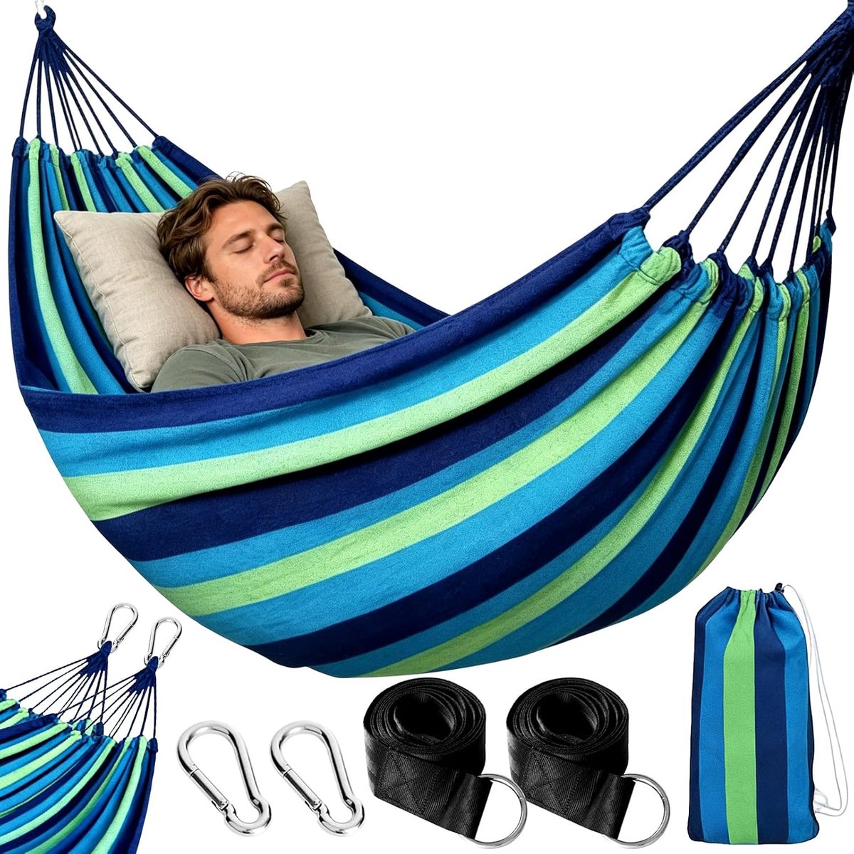 Camping Hangmat, Dubbel Hangmat 200x150cm, Draagvermogen 250kg, met Opbergzak, Nylon Riemen & Karabijnhaken, voor Camping, Tuin, Strand, Binnen, Balkon, Reizen