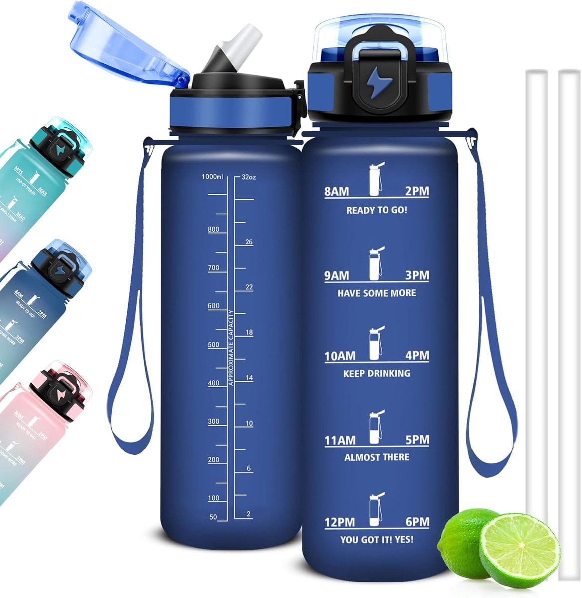 1 liter, sportfles met rietje en tijdschema's om te drinken, motiverende fitnessfles, lekvrije drinkflessen voor sportschool, school, yoga