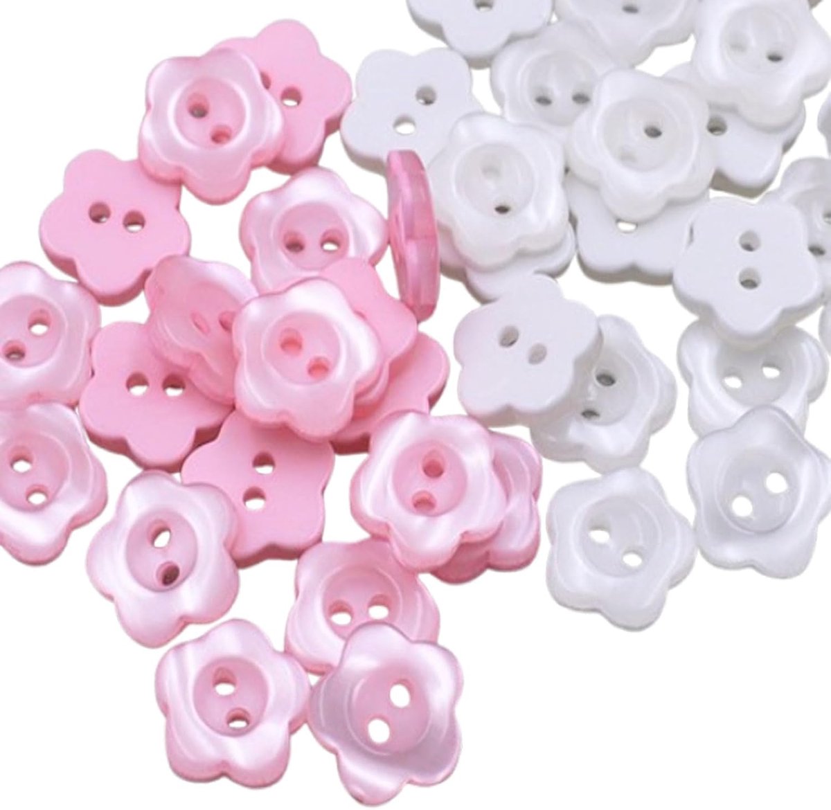 Knopen met dubbele gaten, diameter 12,5 mm, bloemenvormige knopen, mini-knopen, geschikt voor handwerk, breien en decoratie (wit/roze)