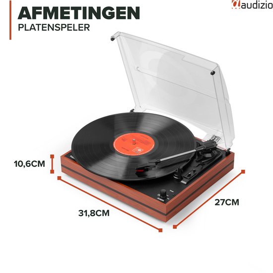 Platenspeler met speakers - Audizio Akron - LP speler - Bluetooth - AUX - 3 snelheden - Kersen houtlook — afbeelding 4