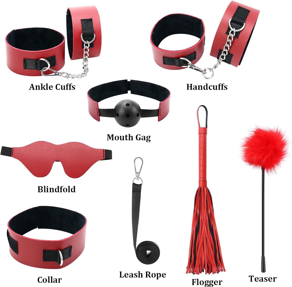 7-delige BDSM Bondage Set voor Koppels – PU Leren Boeienset met Blinddoek, Mondknevel, Flogger, Halsband met Lijn, Handboeien, Enkelboeien & Veren Teaser