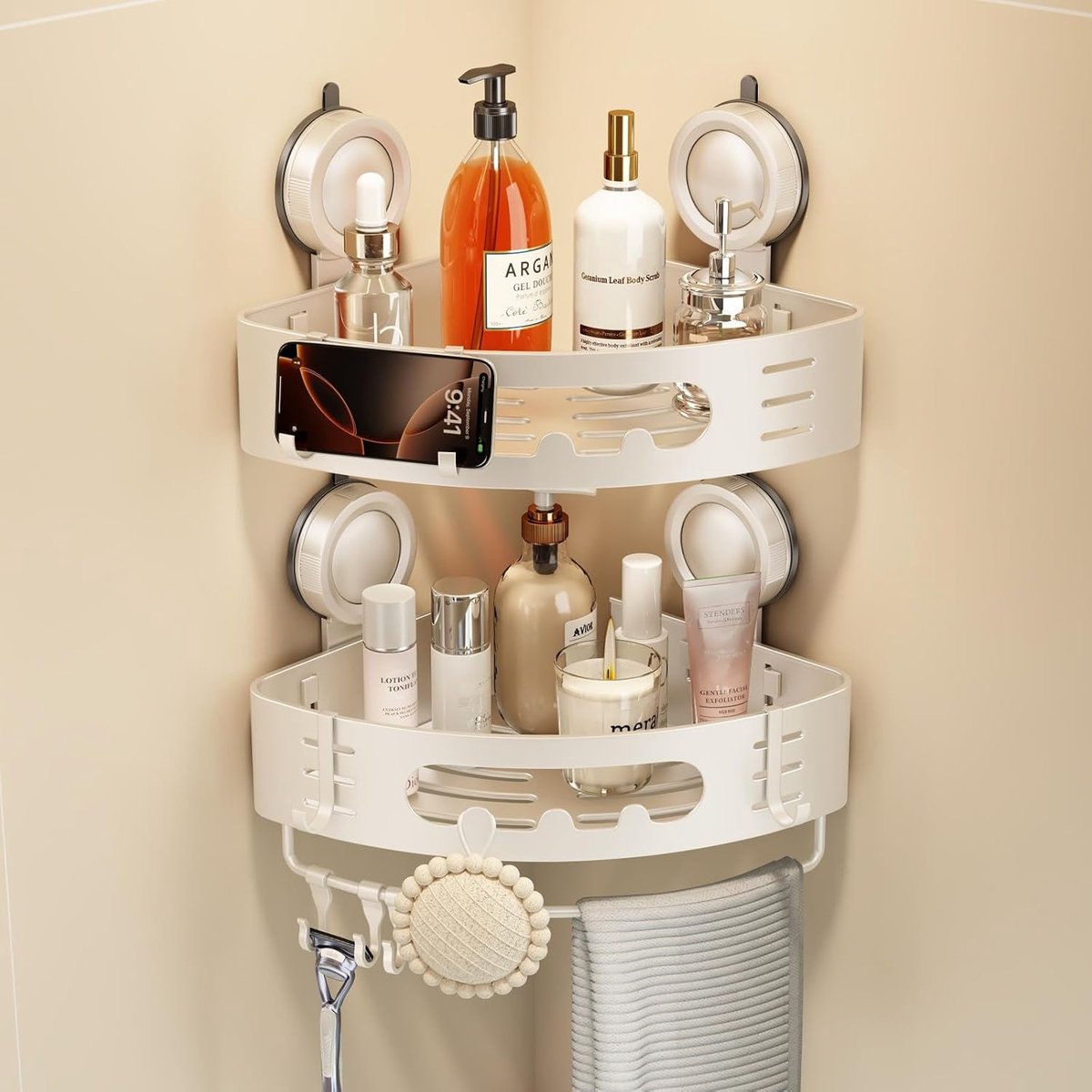 Doucheplank Zonder Boren, Zuigschotel Doucheplank Hoek, Driehoekige Douchemand, Badkamerrek, Douche Voor Badkamer, Keuken, Toilet, Shampoo En Douchegel (2 Stuks, Wit)