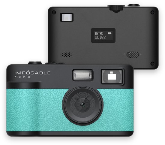 Aqua mint IMPÓSABLE X10 PRO camera, voor- en achterkant getoond.