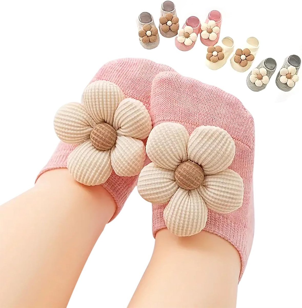 4 paar babymeisjessokken, bloemen, antislip grip voor baby's en peuters, laag uitgesneden sokken voor meisjes