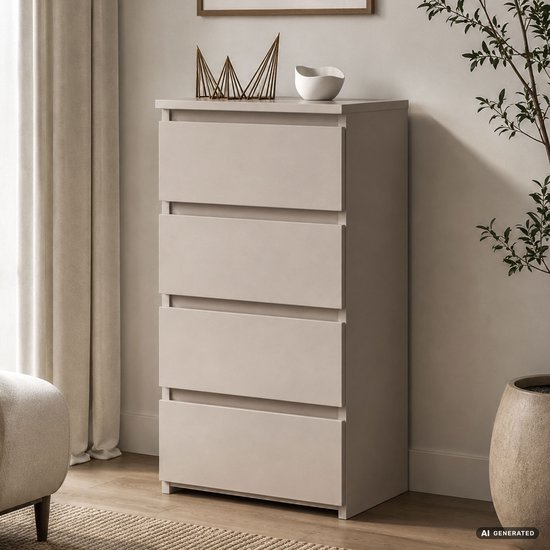 Ladekast met vier lades in de kleur kasjmier, in een woonkamer naast een fauteuil.