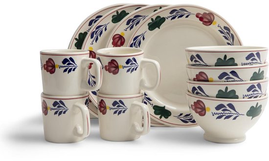 Grande pile de vaisselle Boerenbont: assiettes, 4 tasses et 4 bols, avec décoration florale bleu de Delft.