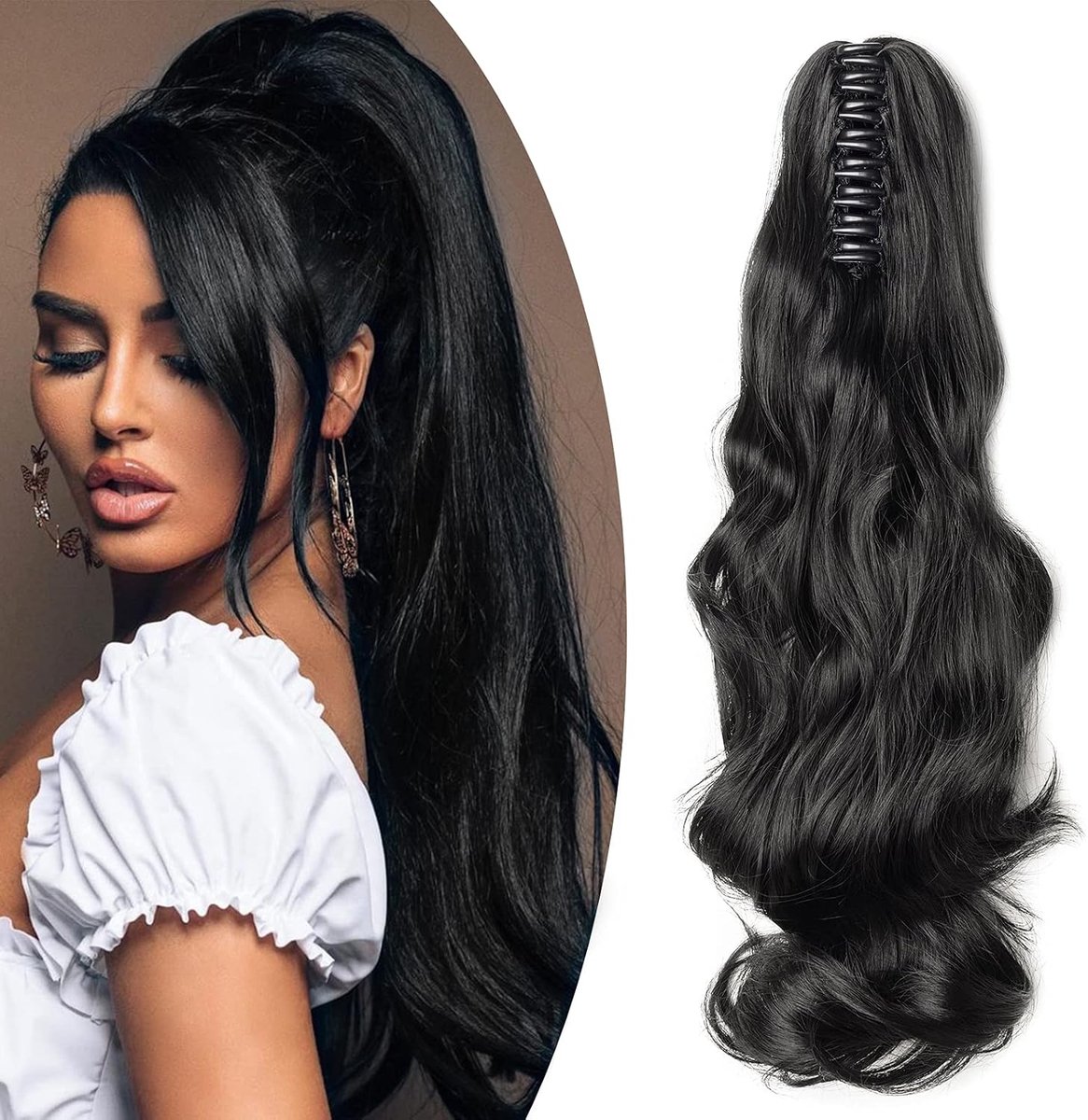 Ponytail extension 18" - zwart golvend - hittebestendig - eenvoudig te bevestigen met vlinderclip - ShopVlot