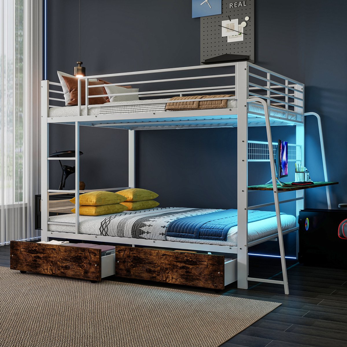 MODENUIT Stapelbed – Met Bureau En 2 Lades – 140 x 200 cm – Metaal En MDF – Wit – Met RGB-Ledverlichting