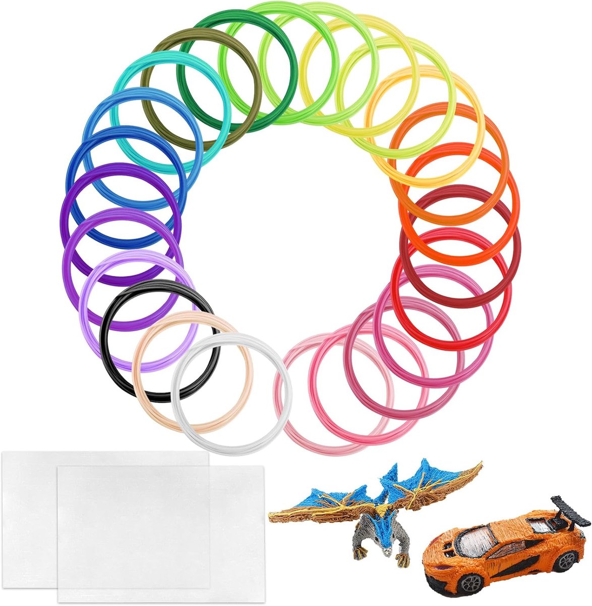 3D Pen Filament Refills PLA, 24 colors 1.75mm, each color 3m, total 72m with 2pcs A5 size clear PVC sheet, 3D Priter - ShopVlot