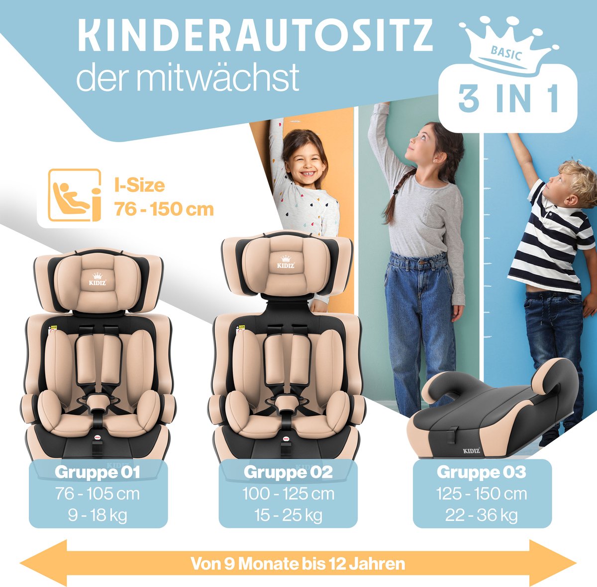 KIDIZ® Autostoeltje | Groep 1+2+3 | 9-36 kg 5-punts veiligheidsgordel, Autostoeltje, Kinderzitje, Verstelbare Hoofdsteun | Stoelverhoger 1-12 jaar, Stabiel en Veilig – foto 2