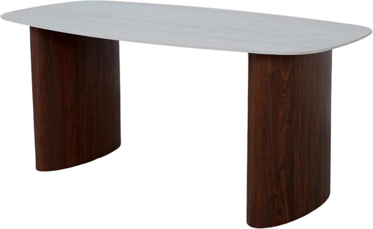 Eettafel Japandi marmerlook Alton ovaal 180cm beige steen Japanse stijl walnoot MDF
