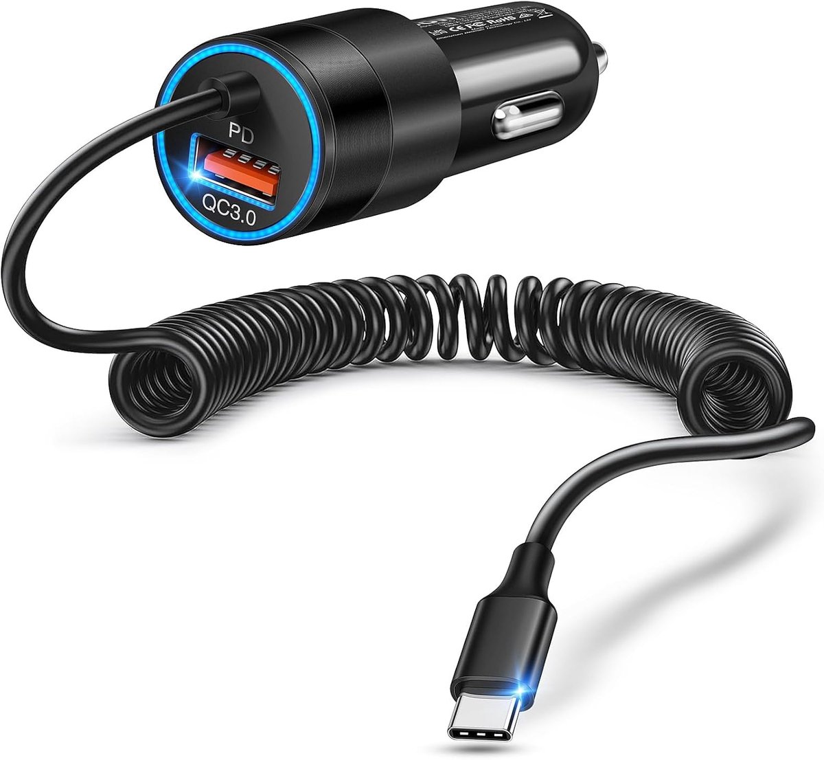 38W USB-C autolader, sigarettenaansteker met 1,5 m spiraalkabel