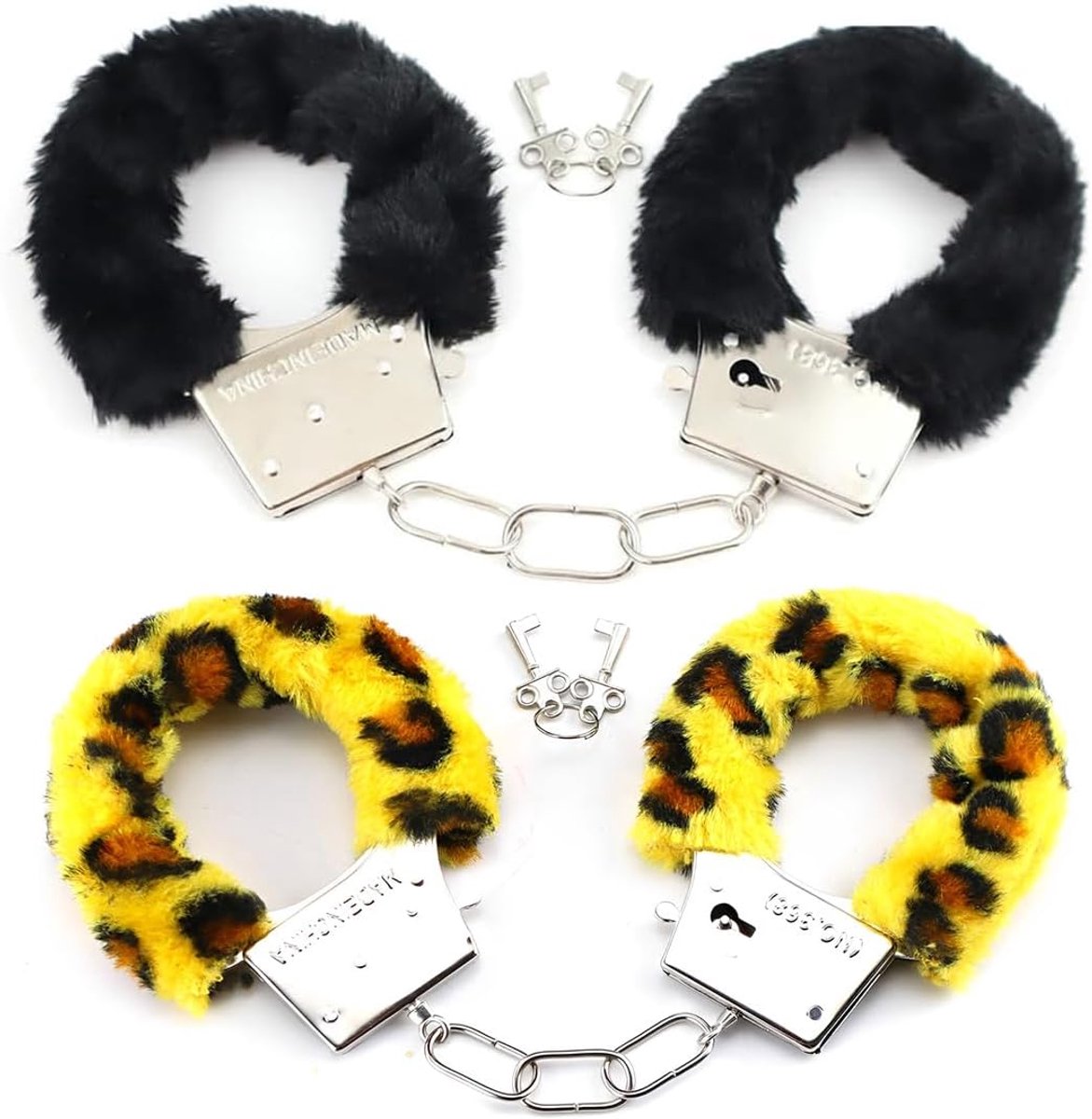 Handboeien met 4 sleutels, pluche en metaal, voor cosplay, feest, Halloween en Valentijnsdag (zwart en luipaardpatroon)