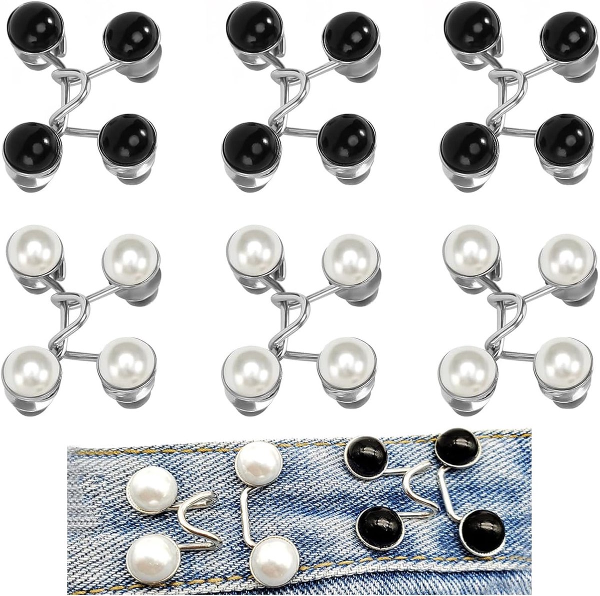 Ensemble van 6 pingles à buttons voor jeans, verstelbare taille zonder nagels, knopen met parelafwerking, naaiaccessoires, ideaal voor het aanpassen en personaliseren van je kleding