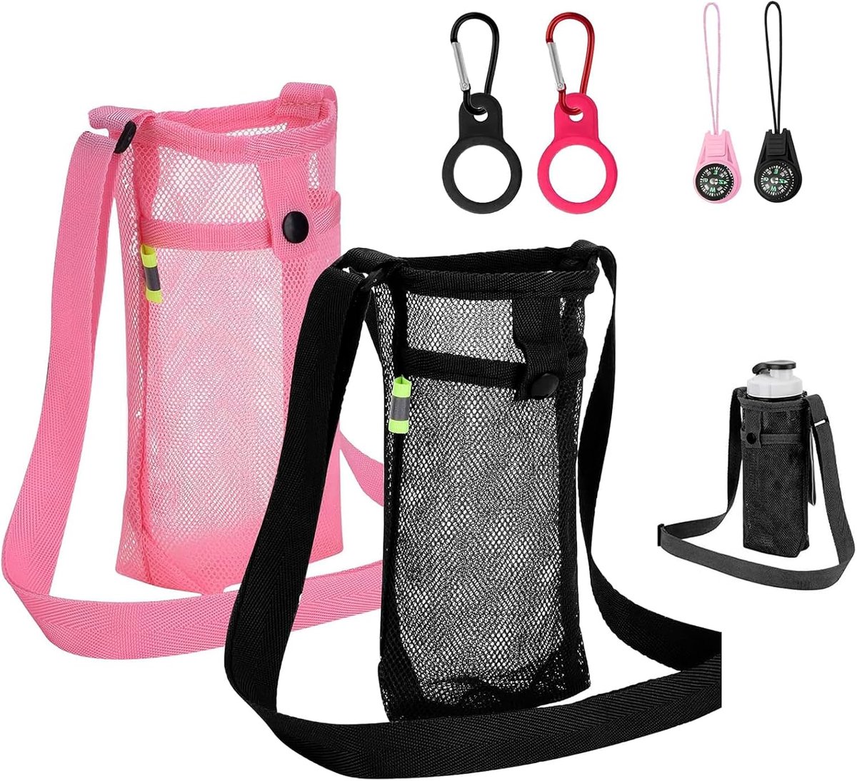 Set van 2 mesh waterfleszakjes, rugzakhouder met verstelbare riem, inclusief 2 flessenklemmen en 2 kompassen, ideaal voor wandelen, mountainbiken, reizen, kamperen