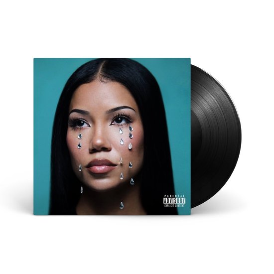 Zwarte vinylplaat met albumhoes: close-up van een jonge vrouw met zwarte haren en tranen op haar gezicht, turquoise achtergrond, 'Parental Advisory Explicit Content' logo.