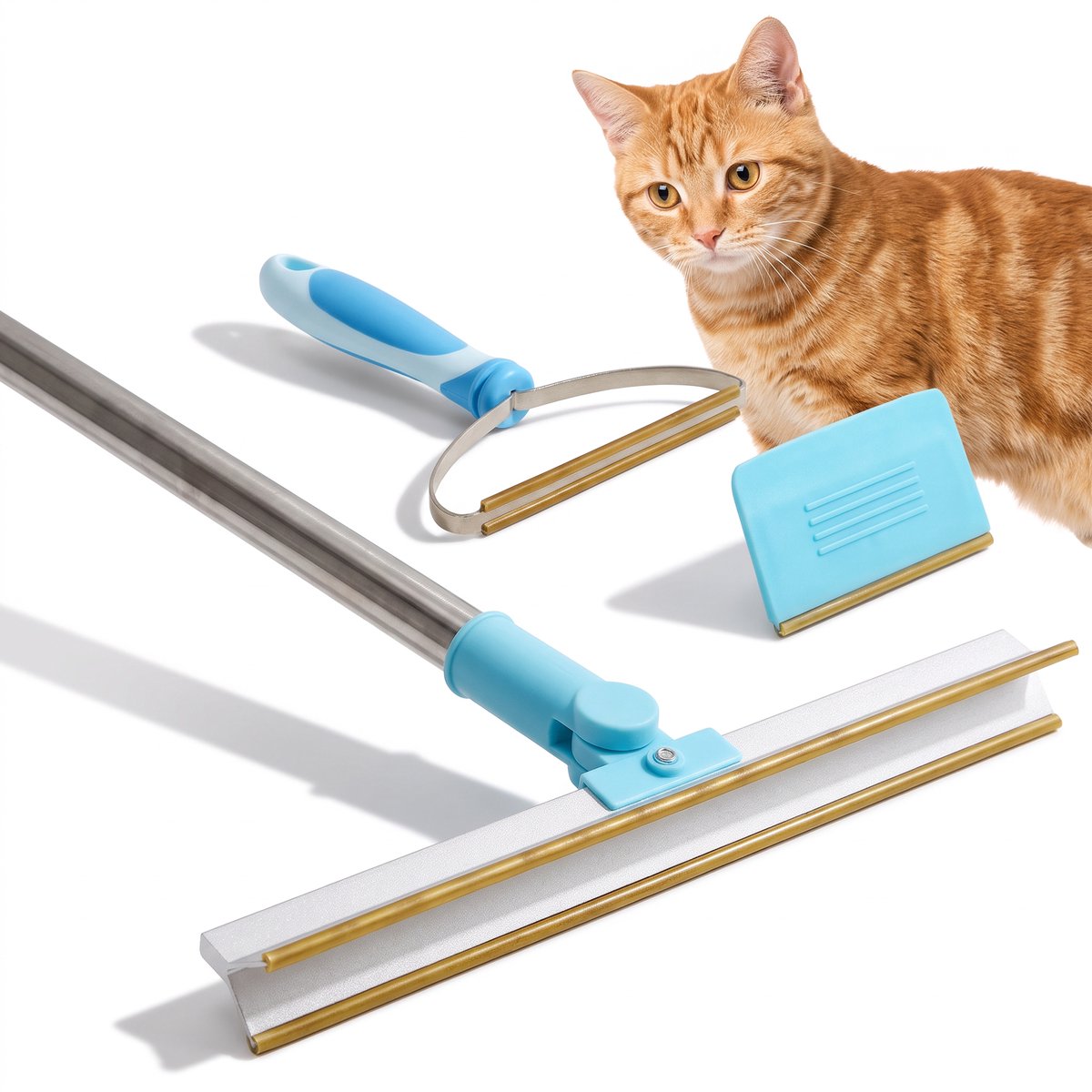 huisdierhaar verwijderaar - haarverwijderaar voor huisdieren - haarverwijderaar wasmachine - 3-delig - Tapijtschraper met uitschuifbare steel tot 140 cm en 30 cm kop - Hand- en minischraper voor tapijt, bank en kleding - Blauw - tapijt hark