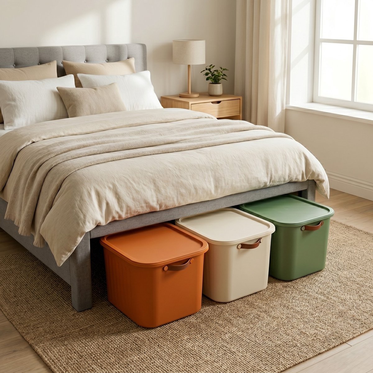 INDECOR - Opbergbox 20 Liter Set van 3 met Deksel – Opbergbox Onder Bed - BPA-vrije Stapelbare Opbergdozen met Handgrepen – Opbergmanden voor Kleding, Speelgoed en Accessoires – Terracotta, Wit en Groen