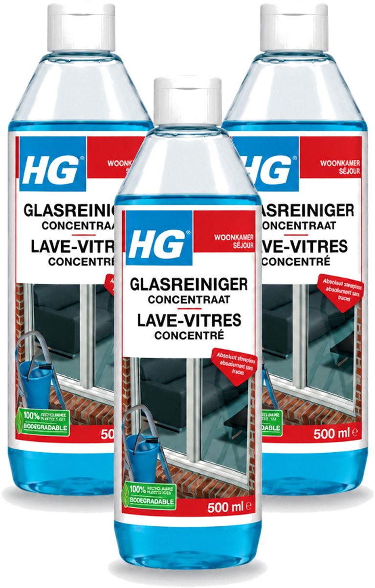 3 x HG - Glasreiniger Concentraat - Streeploos Schoon - 12 Schoonmaakbeurten - 500 ml - Voordeelverpakking - 3 stuks