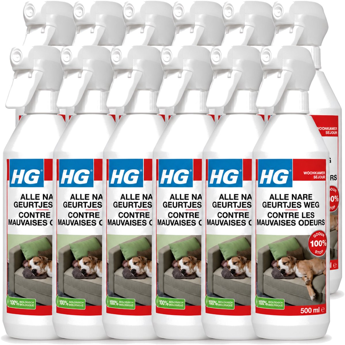 12 x HG - Alle Nare Geurtjes Weg Spray - Elimineert Stankmoleculen - Biologisch - 500 ml - Voordeelverpakking - 12 stuks