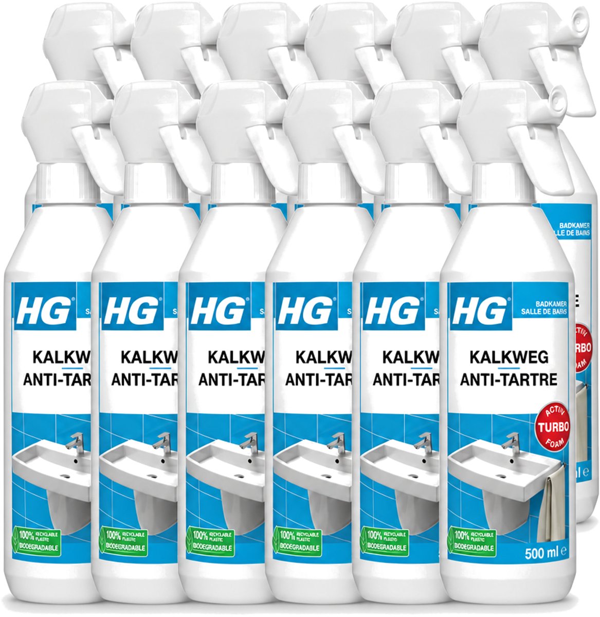 12 x HG - Badkamer - Kalkweg Schuimspray - Verwijdert Kalk Snel - 500 ml - Voordeelverpakking - 12 stuks
