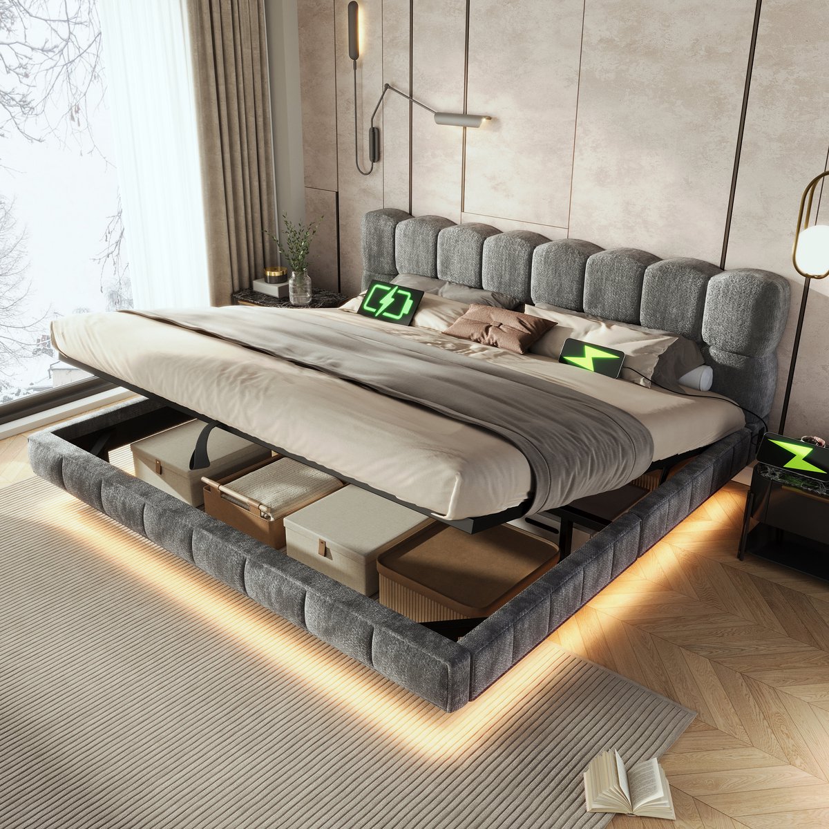 DESMIU Tweepersoonsbed 180x200 cm – Hydraulisch Opbergbed Met Led En Oplaadpunten – Lattenbodem – Zonder Matras – Chenille – Grijs