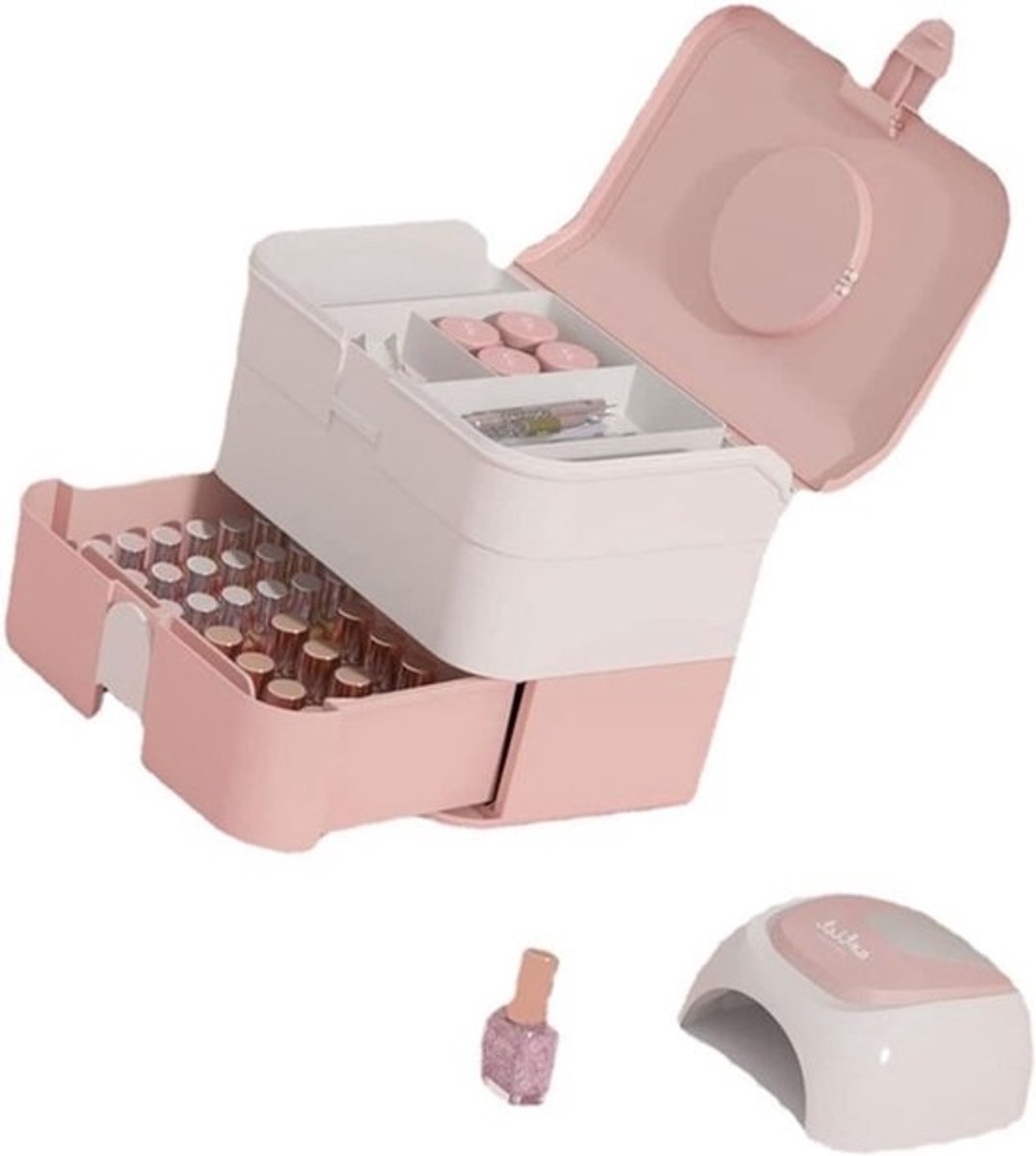 Cosmetische opbergdoos - Make-uporganizer - Opberger voor nagellak - Lades met dubbele laag - 32 x 28 x 24 cm - Roze