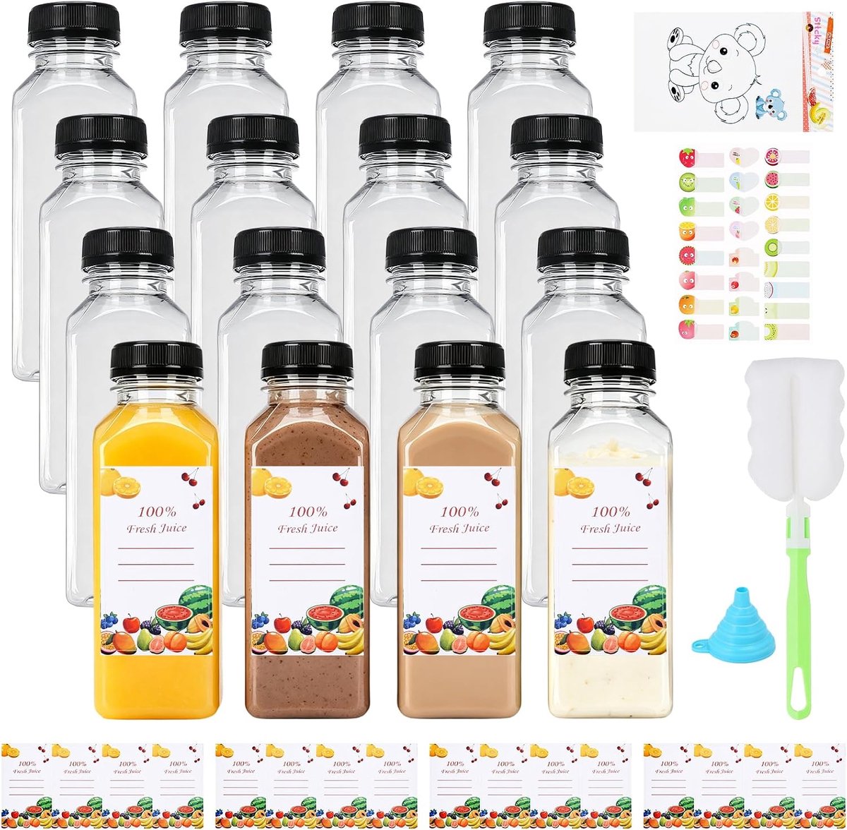 16 stuks 350 ml lege plastic flessen om te vullen, kleine flessen, herbruikbare flessen met zwart deksel, stickers - ShopVlot