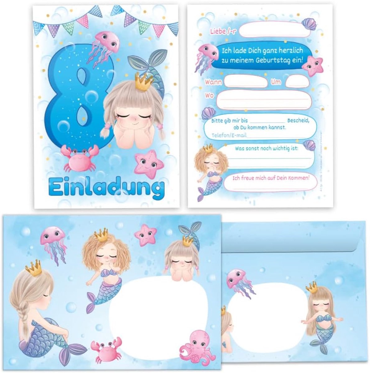 uitnodigingskaarten 12 stuks - zeemeermin thema - voor 8e verjaardag - inclusief enveloppen - ShopVlot