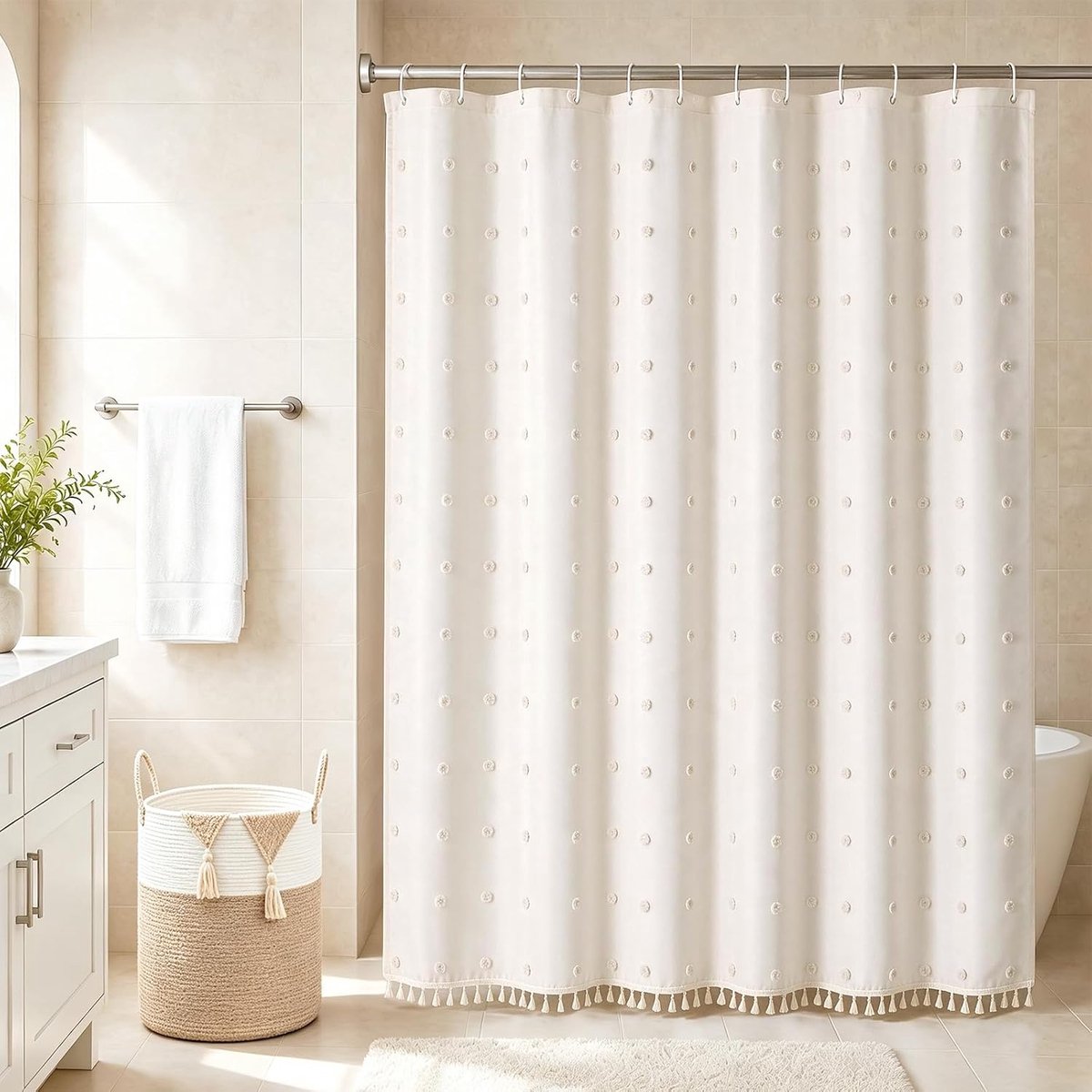 Boho Tufted Puffs Douchegordijn, 180 x 180 cm, met kwastje - ShopVlot