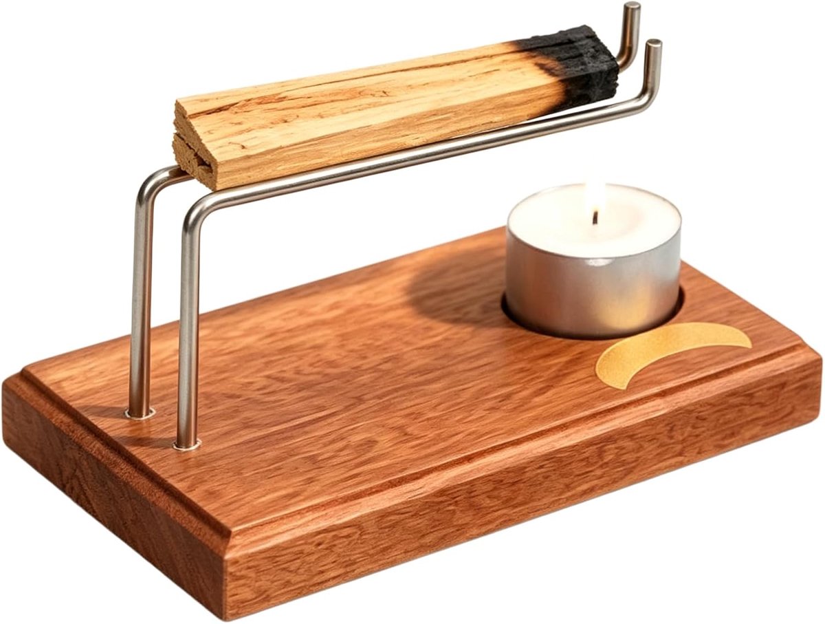 Wierookhouder, wierookstokjes, messing, hout, met 4 kaarsen, salie, palo-santo, houder voor wierookbundels, kruiden - ShopVlot