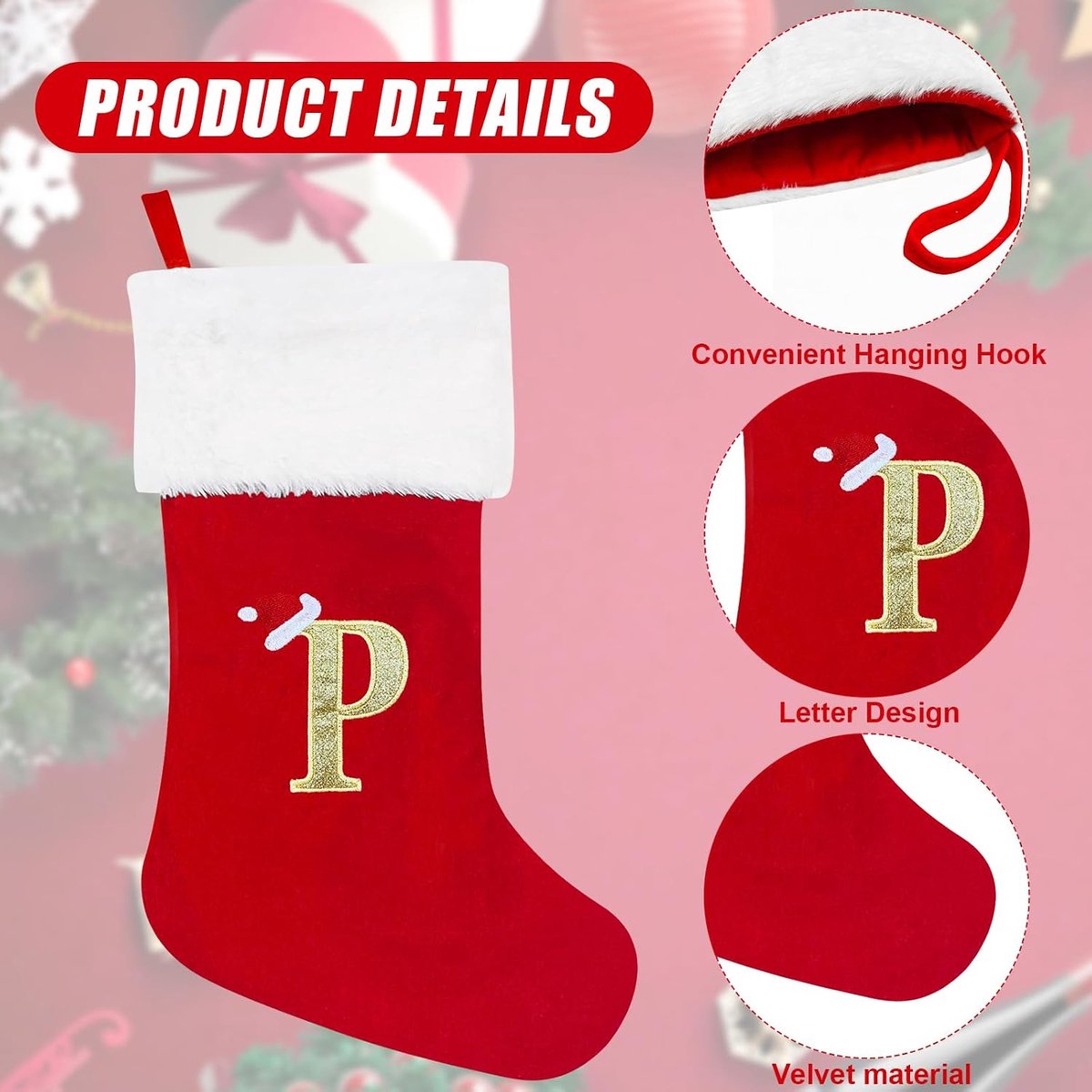 Kousen 50 cm Gepersonaliseerde kerstkous met letter groot monogram rode kerstkousen met naamplaatje pluche hangende kousen geschenken sok voor kerstversiering boom vakantie ornament (P)