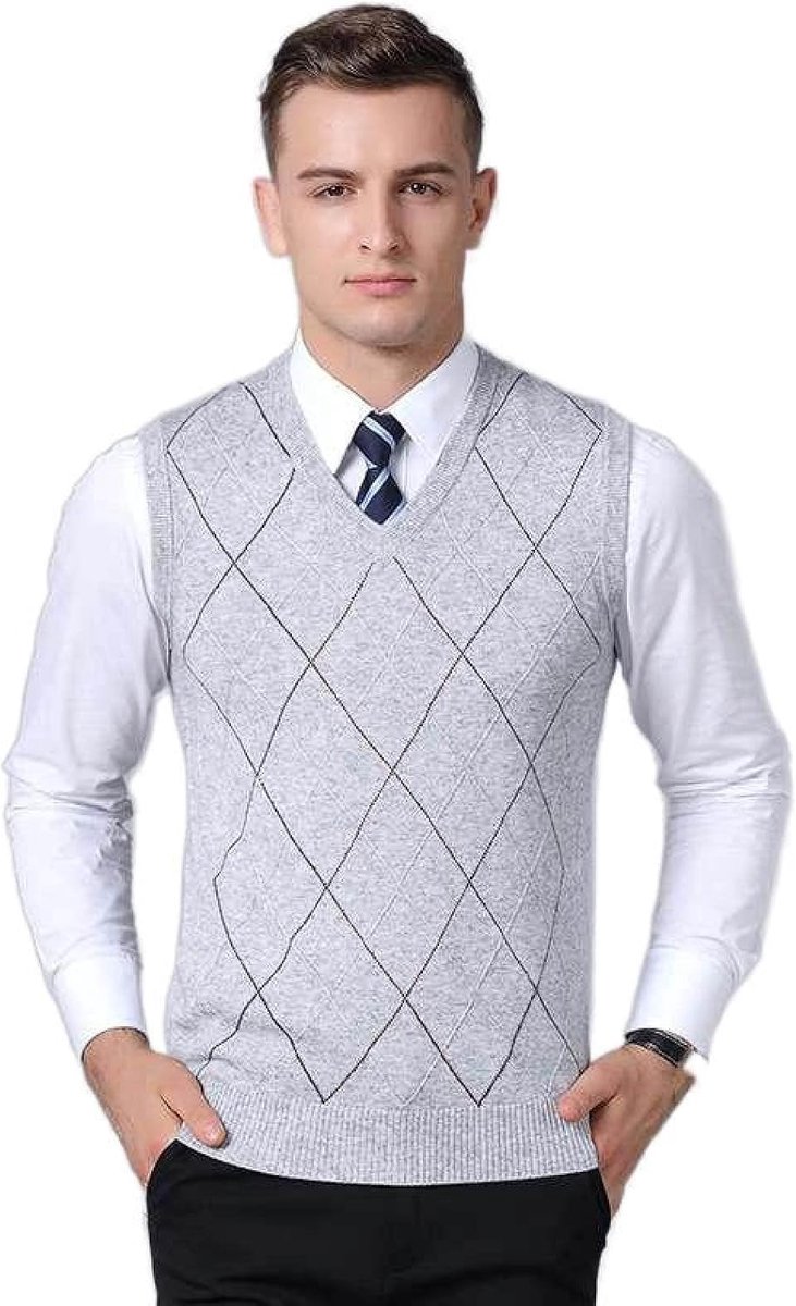 Argyle Gebreid Vest Met V-Hals, Klassieke Trend Mouwloze Toptrui Herfst Heren Pullover Trui Casual All-Match Vest, Zakelijk Heren Breigoed Gebreid Vest Trui Tanktops, Lichtgrijs, S