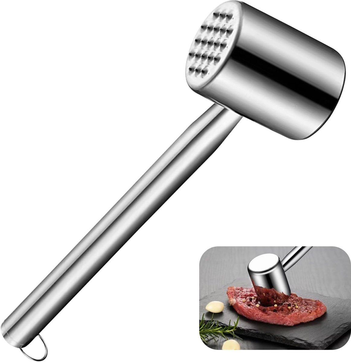 Vleeshamer van 304 Roestvrij Staal, Vleesvermalser Roestvrij Staal, Keuken Vleeshamer, Meat Tenderizer, Steakhamer, Vleeshamer Dubbelzijdig voor Schnitzel, Rundvlees, Kip, Vaatwasmachinebestendig
