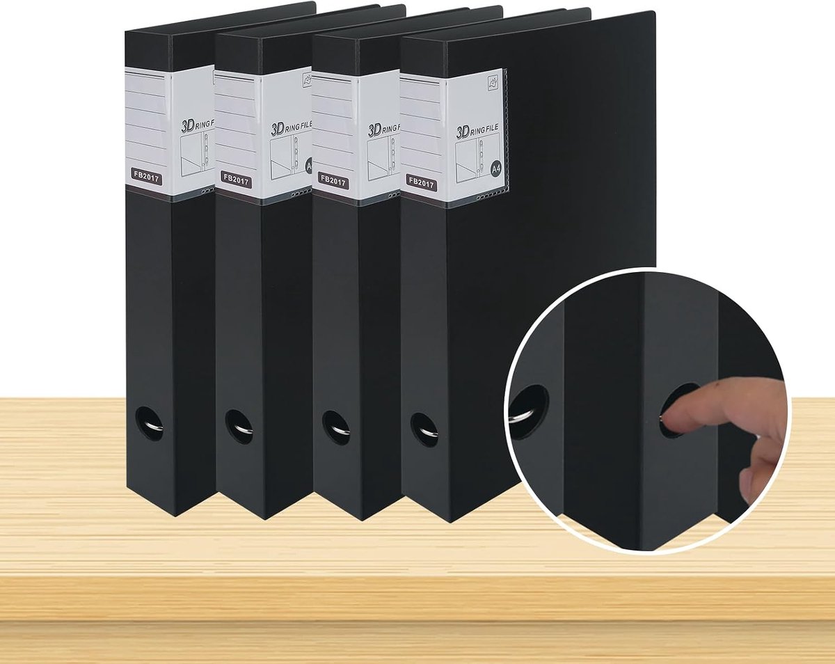 A4, 4-pack A4 Ringbanden 3-ring, 3D-ringen, 35 mm rugbreedte, zwart