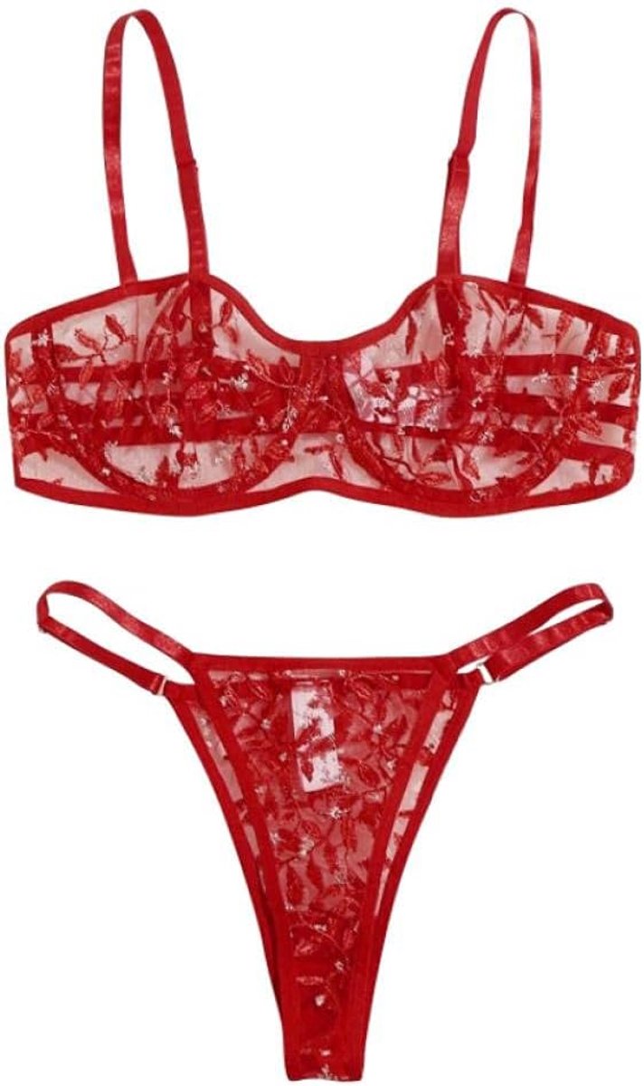 Vrouwen Sexy Ondergoed Sexy Lingerie Transparante kanten string met borduurkleding Set-Rojo_XL