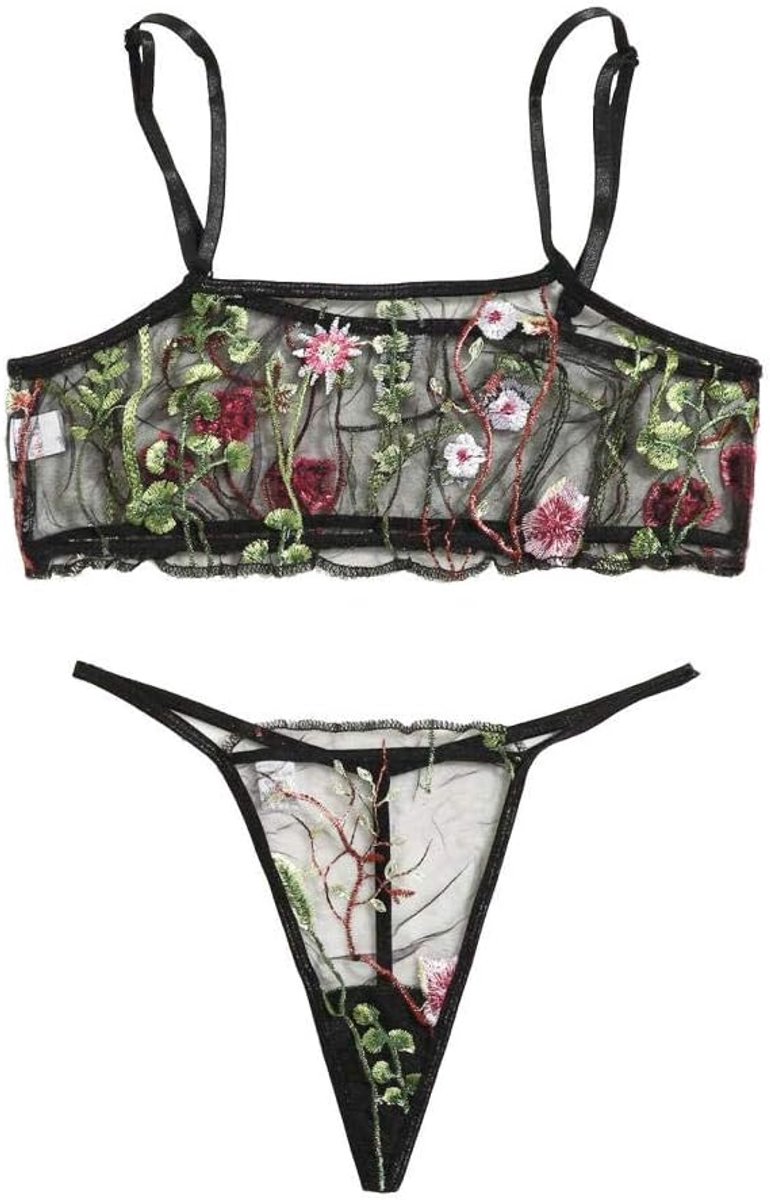 Dameskleding Sexy lingerie vrouw doorschijnende kanten draadloze string bh set