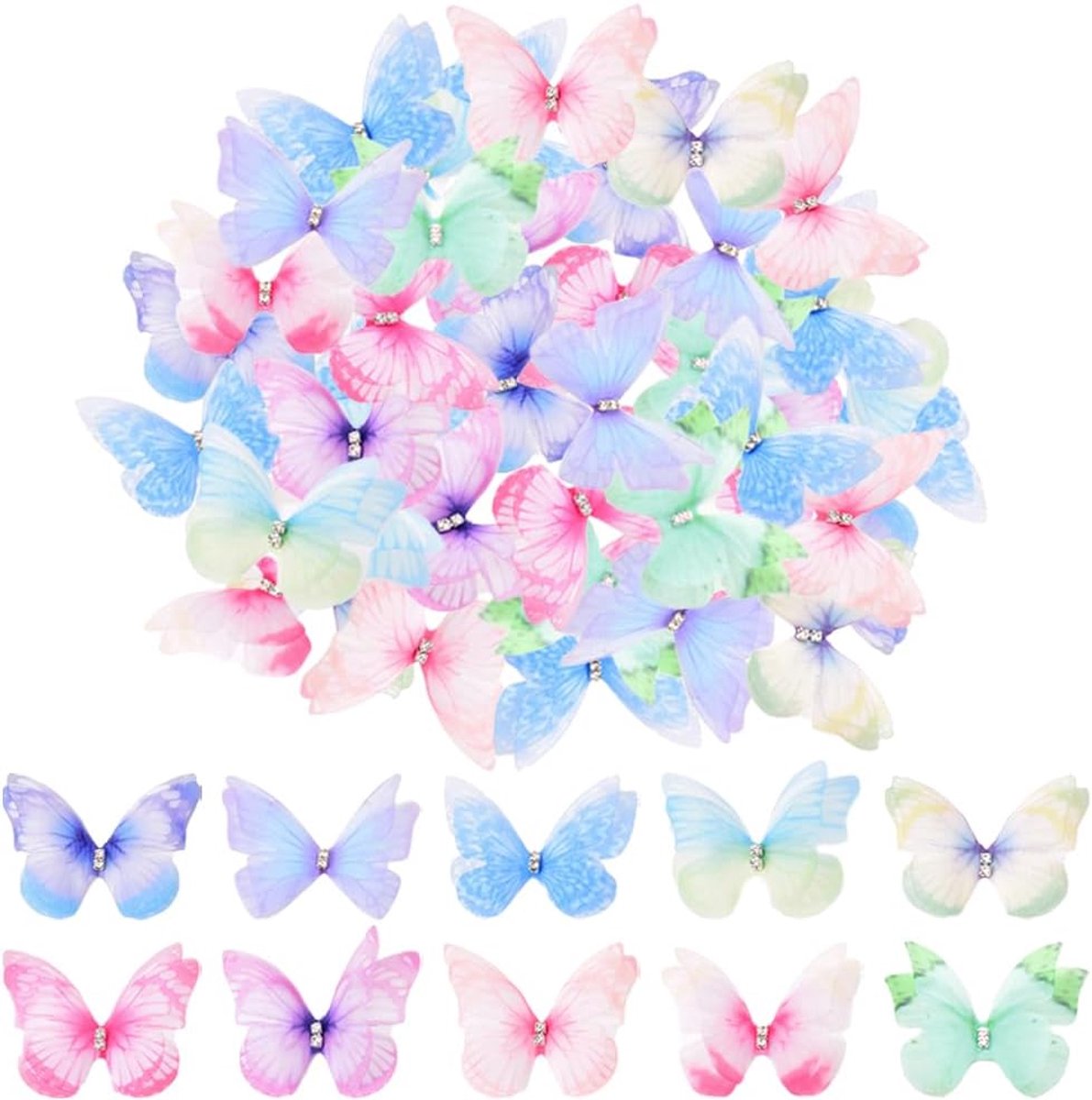 100 stuks kleurrijke stoffen vlinders om te knutselen, 3D vlinderapplicaties wanddecoratie accessoires 2 lagen mini vlinder applicaties voor doe-het-zelf sieraden scrapbooking haarclips (10