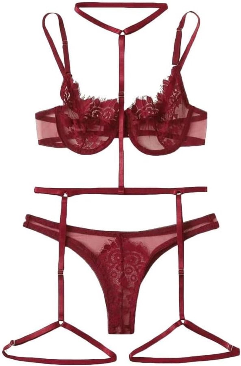 Bodystockings dames Vrouwen Sexy Bh String Kousenband Ondergoed Kant Transparante Nachtkleding Lingerie Hol Kostuum Set-Red_L