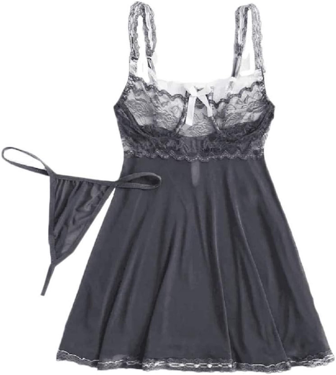 Babydolls, nachtjaponnen & negligés Dames Erotische Lingerie Porno Nachtkleding Kanten Beha String Verleiding Perspectief Ondergoed Mujer Sexy Set-Grey_L