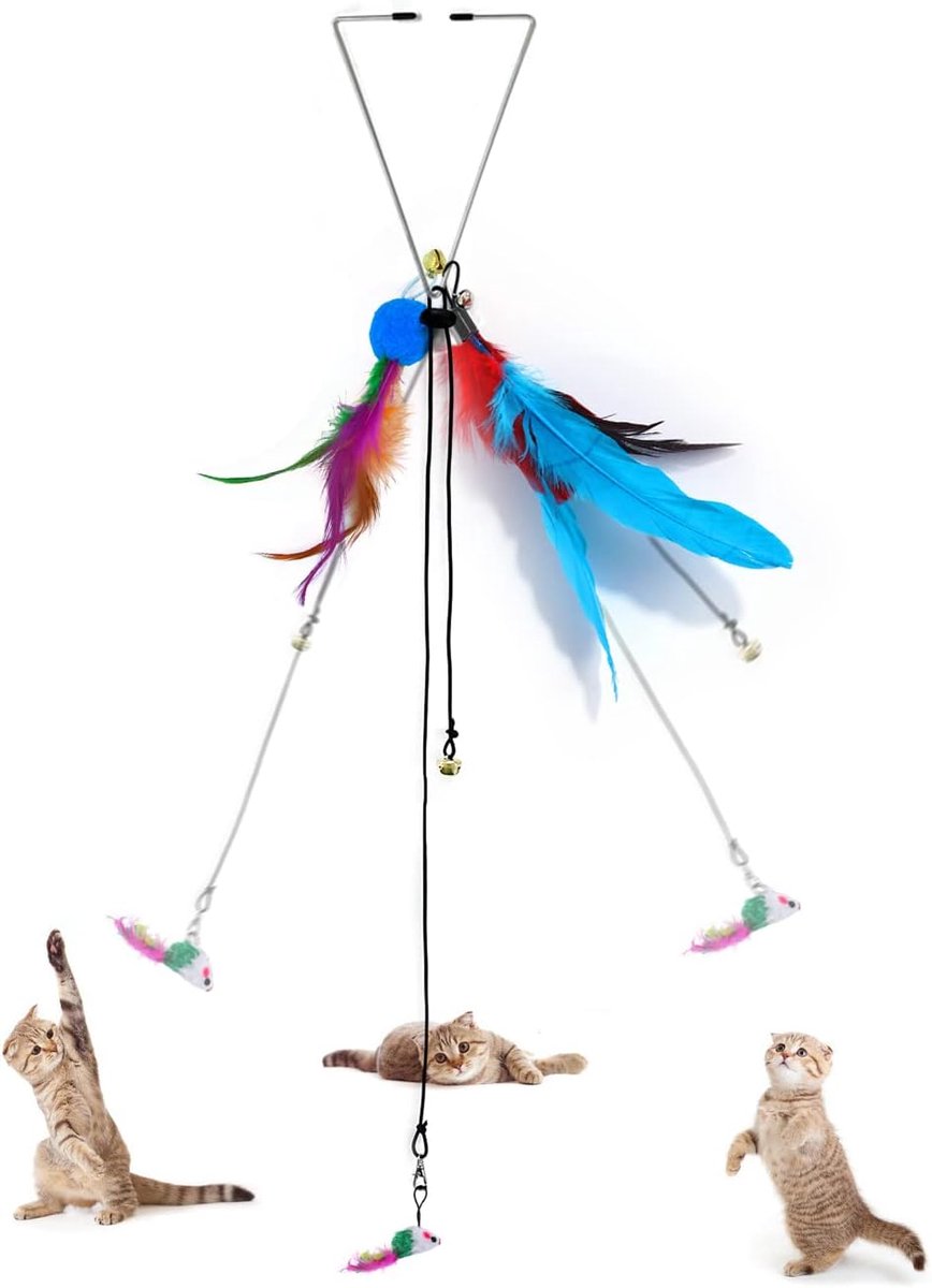 3 stuks hangende kattenspeelgoedset, stuiterend muisveren speelgoed met bel, grappig kattenspeelgoed voor huisdieren