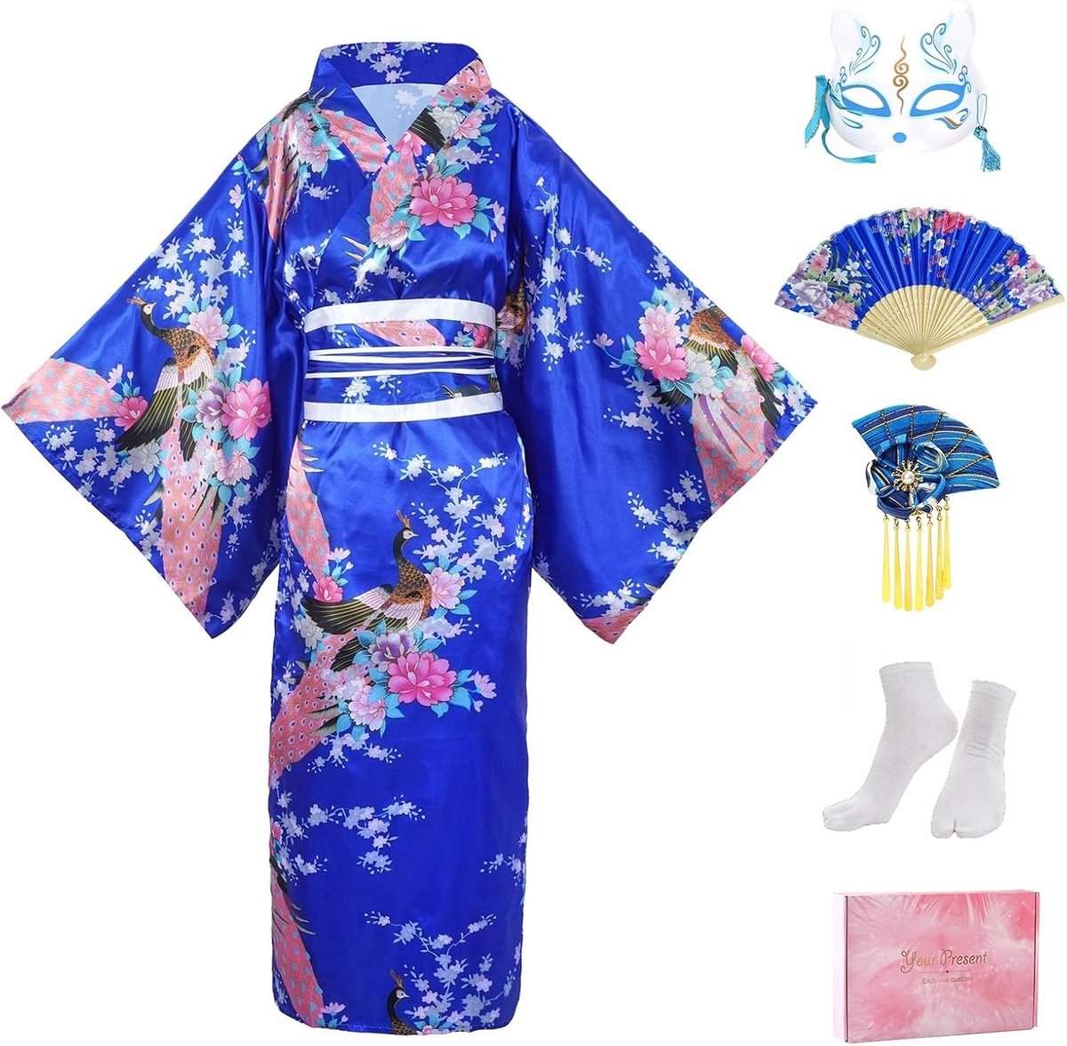 5-delige kimono-set, traditioneel Japans voor dames, lange kimono met kalkoenpatroon en riem voor fotografie en cosplay
